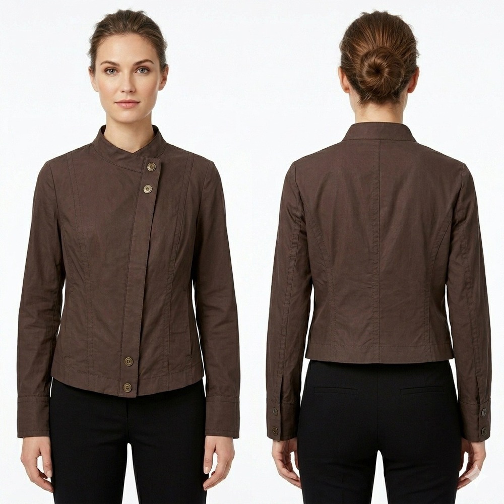 Christopher & Banks Jacket Womens Large Brown Asymmetrical Mock Neck Utility